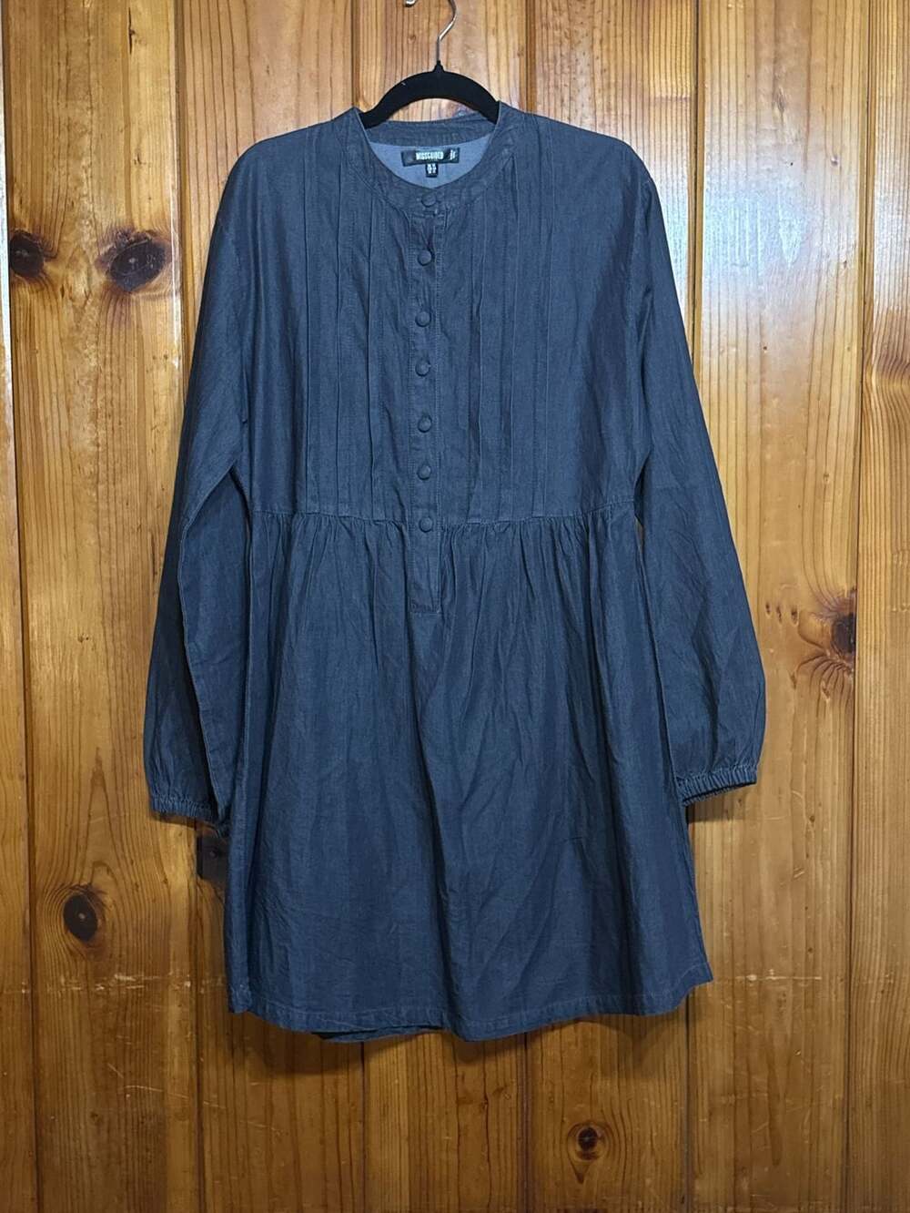 Missguided Denim Smock Dress US 12 Dark Grey Button Front Pintuck